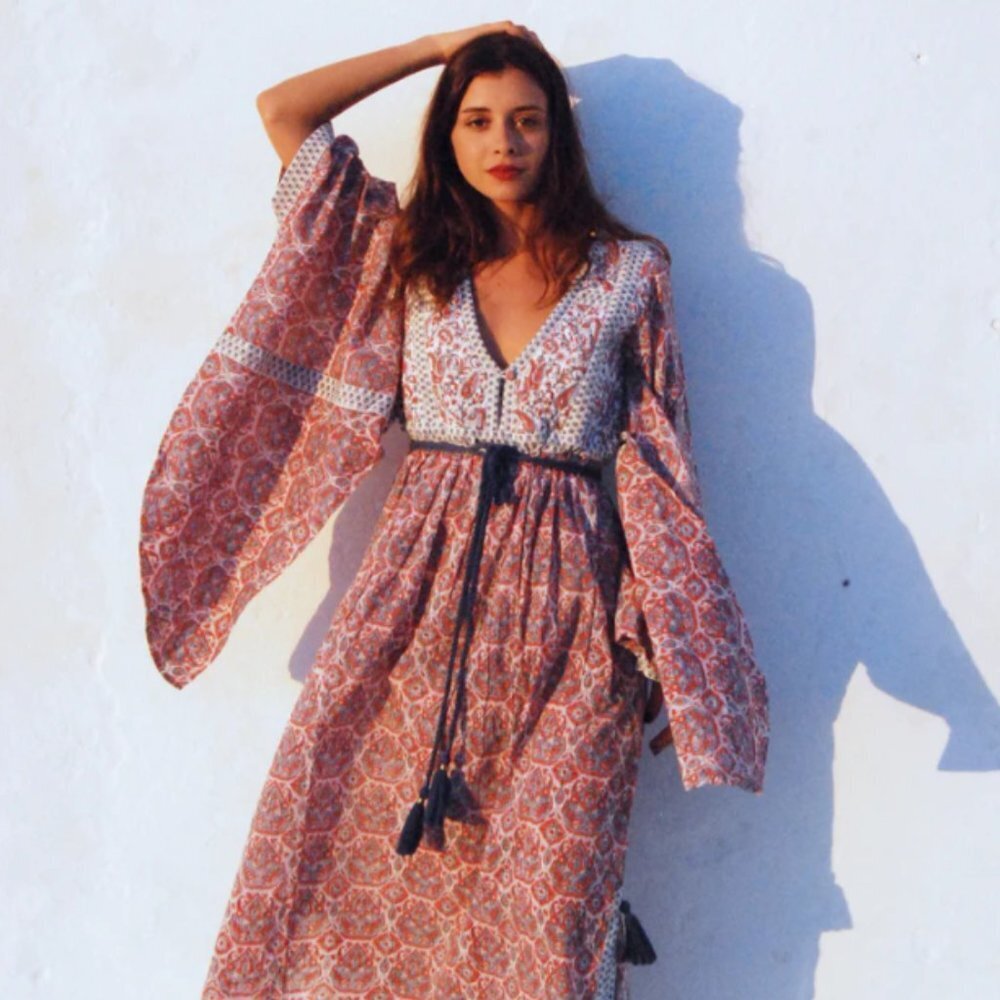 Buggy NYC Loulou Quilted Kaftan Dress Nantucket Red Blue Floral Paisley Boho